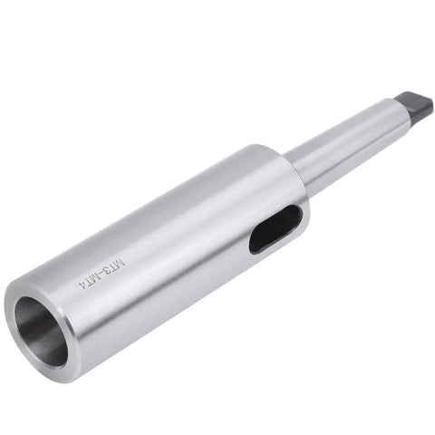 Side view of MT3–MT4 Morse taper reducing drill sleeve, metal silver finish for lathe/milling