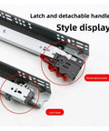 Built Tough Three Section Undermount Drawer Slides showing latch and detachable handle details for seamless furniture use.
