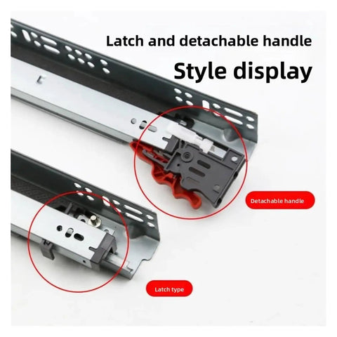 Built Tough Three Section Undermount Drawer Slides showing latch and detachable handle details for seamless furniture use.