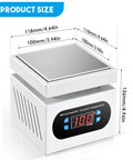 High Power Soldering Hot Plate Station 110V 350W With 100X100mm Aluminum Plate Heats From 30 To 400 Degrees Celsius Efficient Multi Tube Heating And Two Dimensional Cooling For PCB Rework And Lab Use, showing dimensions and digital display.