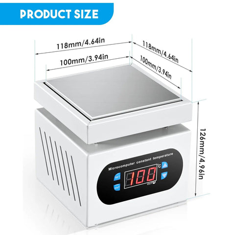High Power Soldering Hot Plate Station 110V 350W With 100X100mm Aluminum Plate Heats From 30 To 400 Degrees Celsius Efficient Multi Tube Heating And Two Dimensional Cooling For PCB Rework And Lab Use, showing dimensions and digital display.