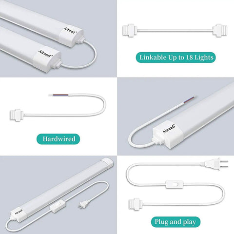 Two Pack LED Shop Light 2ft 18W 5000K Utility Garage Lighting With IP66 Protection under cabinet, plug and play, hardwired options