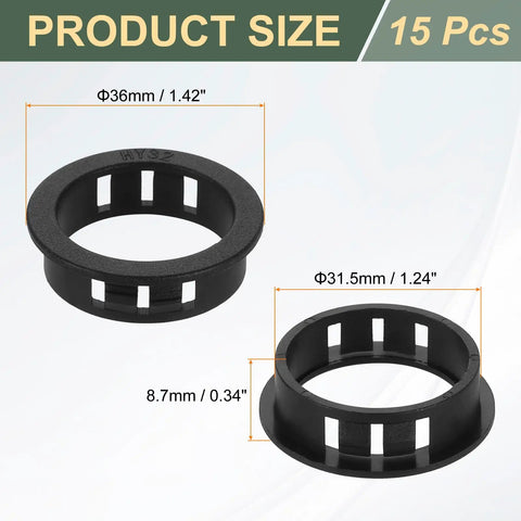 Close-up of 15 Pack Round Cable Snap Bushing Grommets One And Quarter Inch 32mm Black Snap In Cable Grommet Protectors