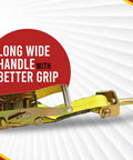 Side view of ratchet handle from the 4 Pack Beefy 2 Inch Car Hauler Straps With Ratchet, Swivel J Hooks And Rubber Block 10,000 Lb Break Strength kit.