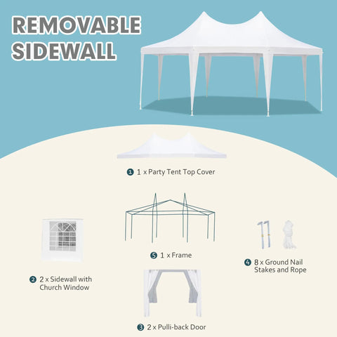 Heavy Duty Octagonal Party Tent 20x15ft With Six Removable Sidewalls, Church Windows, And Pull-Back Doors components overview