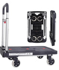 Straight Up Heavy Duty Metal Platform Cart With Four Cushioned Wheels Folding Utility Dolly showing folded design and handle.