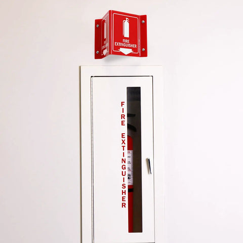 Fire Extinguisher Projecting Sign With Arrow, 6-Inch White On Red Polished Acrylic Sign For Hallways Corridors And Lobby, Easy Wall Mount