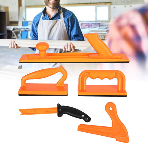 Five Piece Pro Grade Push Block Set For Woodworking With ABS Construction And Smooth Ergonomic Handles displayed on workbench.