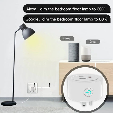 Smart WiFi Dimmer Plug With 2.4 GHz Connectivity, Remote Control For Dimmable CFL LED And Incandescent Lights, 0 To 100 Percent Brightness in use with voice control.