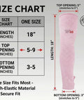 Size chart for Heavy Duty Cut Resistant Arm Sleeves With Thumb Holes For Mechanics and Glass Handling shielding delicate skin in pink.