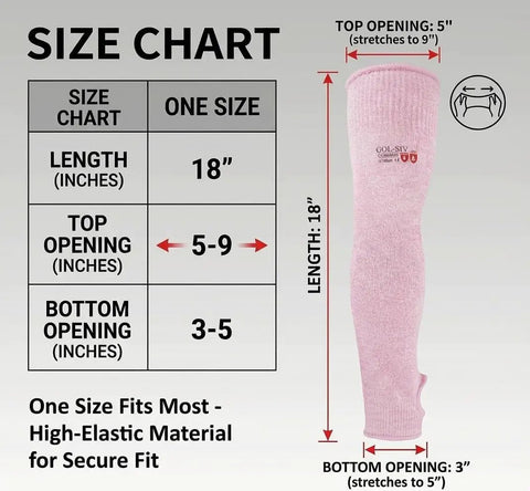 Size chart for Heavy Duty Cut Resistant Arm Sleeves With Thumb Holes For Mechanics and Glass Handling shielding delicate skin in pink.