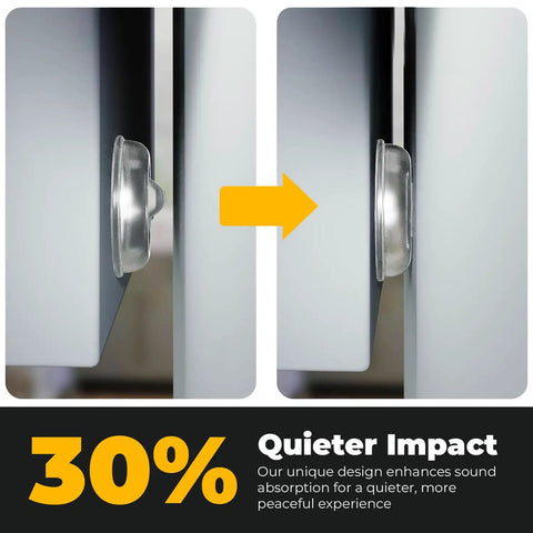128 Self Adhesive Cabinet Door Bumpers For Quiet Closures No Slams, showing bumper on cabinet edge with noise reduction effect