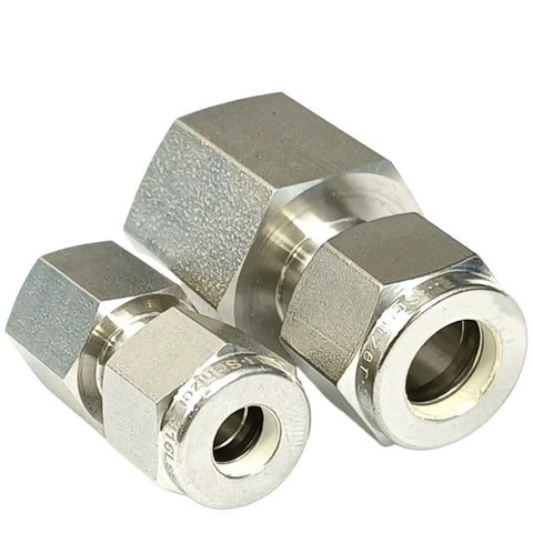 Heavy Duty Stainless 316L Tube Compression Union Fitting NPT Female To 1/8 1/4 3/8 1/2 Inch And 3mm 6mm 8mm End Sizes Built To Last SUS316L Plumbing Adapter For Air Water Gas Machinery, close-up view of two union fittings showing size and threading.