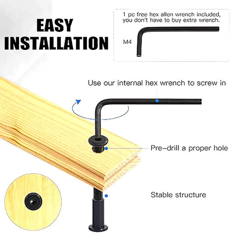 Diagram showing M6 Hex Drive Socket Cap Bolts Screws Kit For Furniture DIY Projects with hex wrench and wooden board installation.