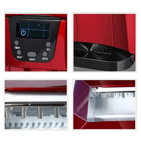 Slick Countertop Ice Cube Maker And Kitchen Water Dispenser With Three Liter Tank control panel and transparent ice bin.