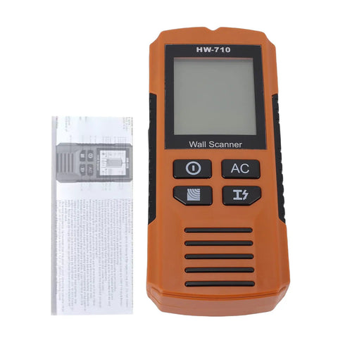 ViaGasaFamido Wall Scanner Stud Finder, 5-in-1 with LCD Display for Metal, orange handheld scanner with buttons.