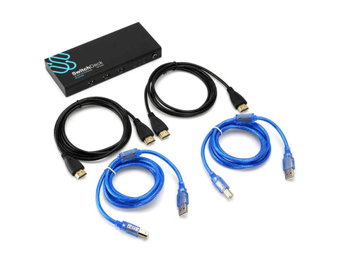 Dual 4K HDMI KVM Switch Effortlessly Toggle Between Two PCs Macs And Consoles With No Sweat Hot Swapping and included cables.