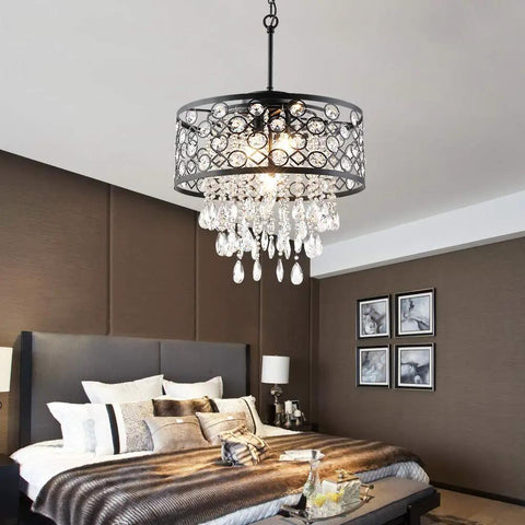 Five Light Crystal Drum Chandelier Pendant Light With Round Hanging Fixture, elegant in a modern bedroom setting