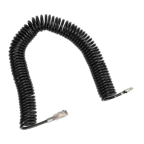 Tough As Nails 12 Meter Rubber And Steel Air Hose For Air Compressors, coiled black hose with metal fittings.