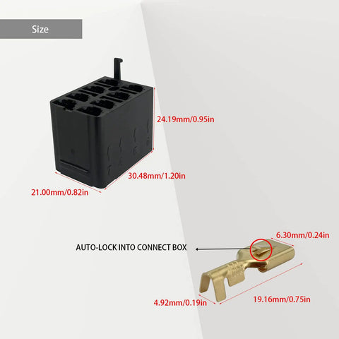 Eight Pack Rocker Switch Plug Sockets With 6.3mm Female Spade Terminals shown with dimensions and black design.