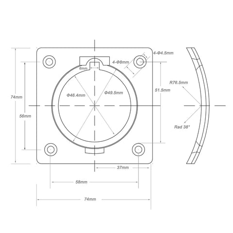 Technical drawing of Rack And Pinion 1.25 Inch Focuser For Newtonian Reflectors with 65mm travel, dimensions labeled.