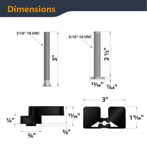 Dimensions diagram for Heavy Duty Stackable Featherboards 2 Pack showing bolt sizes and mounting hardware details.