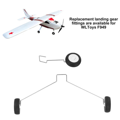 RC Airplane Landing Gear Wheels Set For Toys And DIY RC Aircraft, showing wire frame and wheels for WLtoys F949 model.