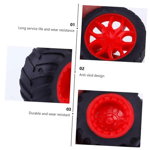 Close-up of 8 Pack Toy Car Wheels Set with Anti Skid Plastic Tires for RC Cars and Model Toys showing design and durability.