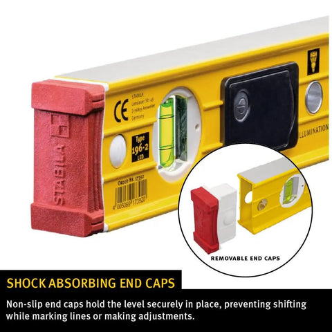 LED Lighted Level With Illuminated Vials For True Plumb And Level Readouts, Auto Shutoff After 100 Seconds To Save Battery, Shock Absorbing Endcaps, Durable Construction For Low Light Jobs showing detail of removable endcaps.