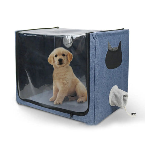 Foldable Pet Nebulizer Box For Dogs And Cats With Dual Holes Transparent Oxygen Inhalation Chamber featuring a puppy inside