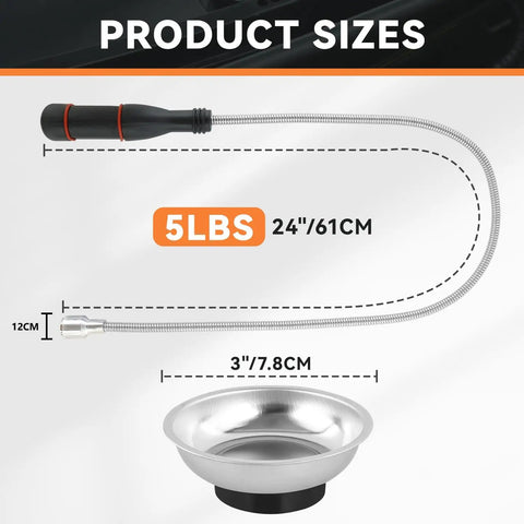 Flexible 24 Inch Magnetic Pickup Tool With Bendable Head And Magnetic Parts Tray 5 Lb Pull Ideal For Reaching Hard To Reach Drains Cars Keys Nuts Bolts And Other Metal Objects