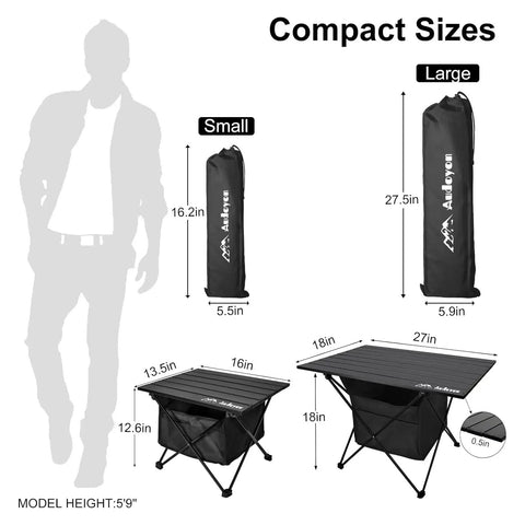 Small and large Ultralight Foldable Camping Side Table With Aluminum Build, shown folded in carry bags and opened with dimensions.
