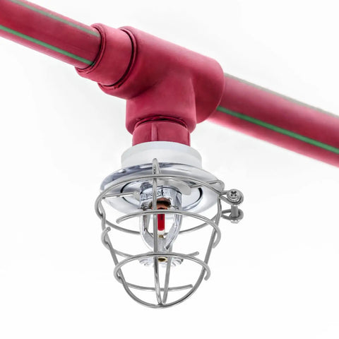 10 Pack Half Inch Zinc Plated Steel Fire Sprinkler Head Guards With Stainless Mounting Hardware Ultimate Cage Cover For Commercial Safety Systems, close-up of sprinkler head with protective cage.
