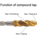Six Piece Titanium Drill Tap Bit Set With 1/4 Inch Hex Shank For Metric M3 To M10 Taps And Countersink Bits, HSS 4341 High Speed Steel