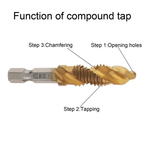Six Piece Titanium Drill Tap Bit Set With 1/4 Inch Hex Shank For Metric M3 To M10 Taps And Countersink Bits, HSS 4341 High Speed Steel