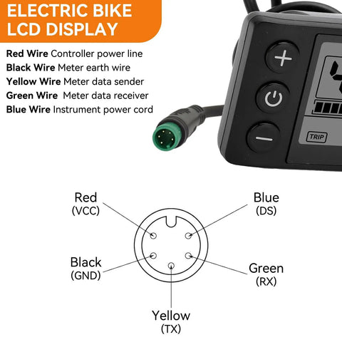 Diagram of electric bike LCD display with wire color codes and connector for All In One Electric Bike LCD Display Meter 24V To 60V Control Panel.