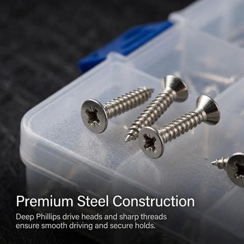 Top Tier M2 Stainless Steel Screws Assortment Kit With Phillips Head Fasteners for Furniture, showing premium steel screws in a clear box.