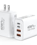 40W USB C Charger Fast Power Block With Four Ports PD Power Delivery And QC 3.0 USB C And USB A Multi Port Wall Charger For iPhone iPad Galaxy Twin Pack, showing dual USB-A and USB-C ports on compact white charger block.