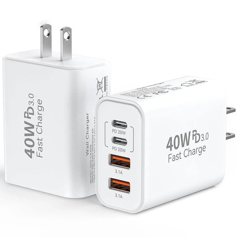 40W USB C Charger Fast Power Block With Four Ports PD Power Delivery And QC 3.0 USB C And USB A Multi Port Wall Charger For iPhone iPad Galaxy Twin Pack, showing dual USB-A and USB-C ports on compact white charger block.