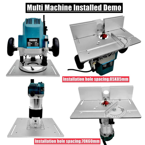 Heavy Duty Router Table Insert Plate For Active Workshop Builds Rock Solid With Dependable Miter Gauge Guide And Corrosion Resistant Aluminum Profile Fence shown on multiple router setups.
