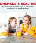 Dash Dual Electric Citrus Juicer Machine With Auto Reversing Reamer And Adjustable Pulp Control For Fresh Orange Lemon Lime Squeeze Mess Free Spout 20 Oz Container Home Bar Kitchen Gadget with two children and fresh juice.
