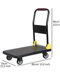 No Sweat Heavy Duty Foldable Flatbed Hand Cart With 880 Pound Load Capacity And 360 Degree Swivel Wheels Premium Steel Platform Trolley For Home Hauls with measurements shown.