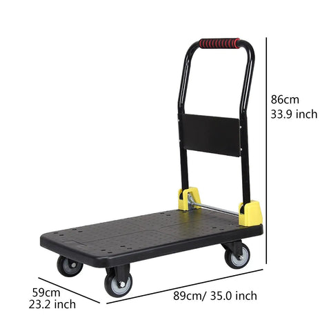 No Sweat Heavy Duty Foldable Flatbed Hand Cart With 880 Pound Load Capacity And 360 Degree Swivel Wheels Premium Steel Platform Trolley For Home Hauls with measurements shown.