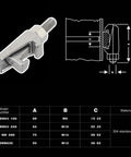 Heavy Duty M8 Double Jaw C Clip Caliper Hook Screwclamp Forged From Knockout 304 Stainless Steel, 60mm span, detailed view.