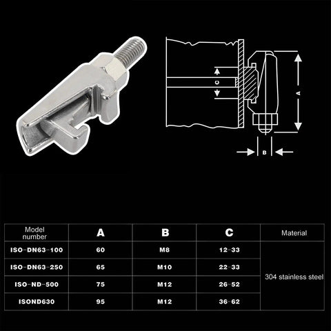 Heavy Duty M8 Double Jaw C Clip Caliper Hook Screwclamp Forged From Knockout 304 Stainless Steel, 60mm span, detailed view.