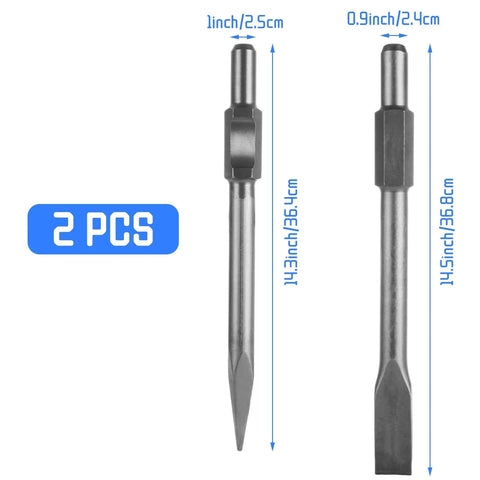 Two 1-1/8 in hex jack hammer chisels (point and flat) in steel, 2-piece set, front view