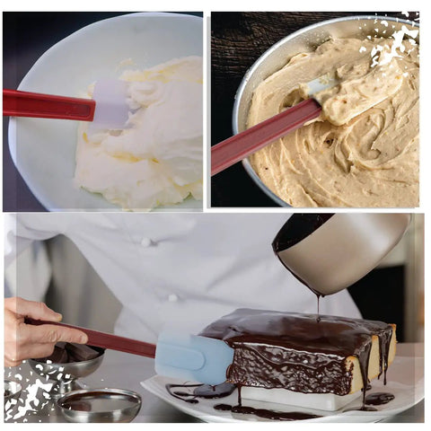 3 Pack Heat Resistant Silicone Spatulas 9.5 Inch Nonstick Safe BPA Free; shown mixing dough, scraping batter, spreading chocolate.