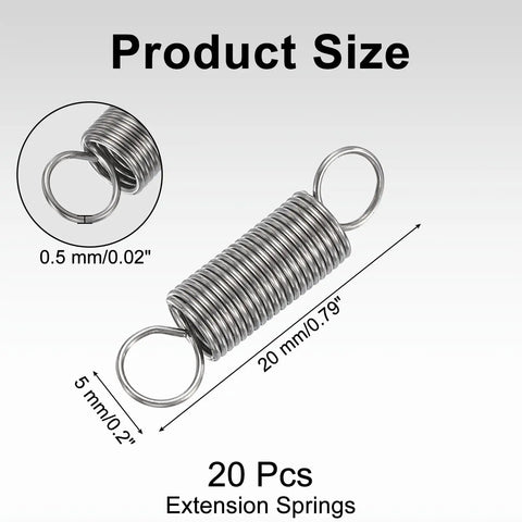 Top Shelf 20 Pack Heavy Duty Extension Springs Made From Premium 304 Stainless Steel For Industrial Jobs, showing size and detail.