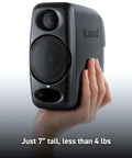 Ultra Compact 50W Wireless Bluetooth Studio Monitors Dual Reference Speakers, handheld black speaker showing size and portability.