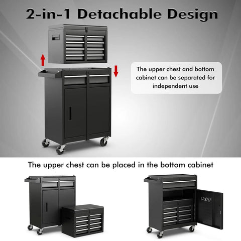Five Drawer Rolling Tool Chest With Removable Tool Cabinet And Sliding Metal Organizer Lockable Drawers
